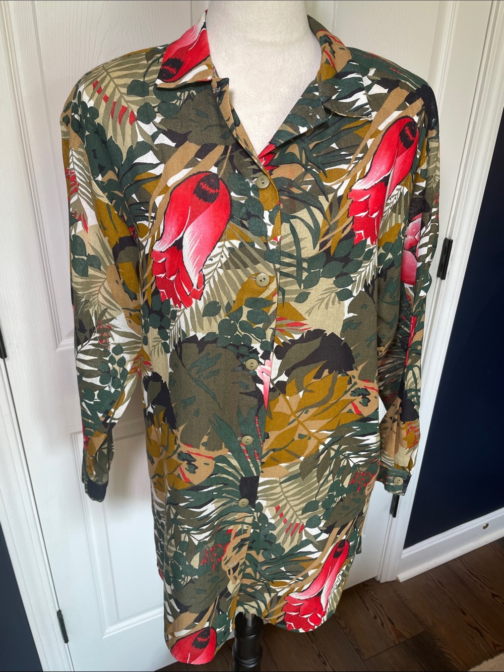 Vintage John Meyer Cotton Button-Down Tropical Print Shirt Tunic Size 10